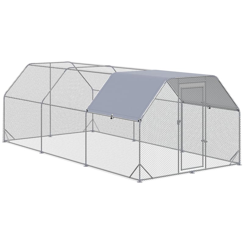 PawHut Large Chicken Coop Metal Chicken Run with Waterproof and Anti-UV Cover, Flat Shaped Walk in Fence Cage Hen House - 18.7' x 9.2' x 6.4'