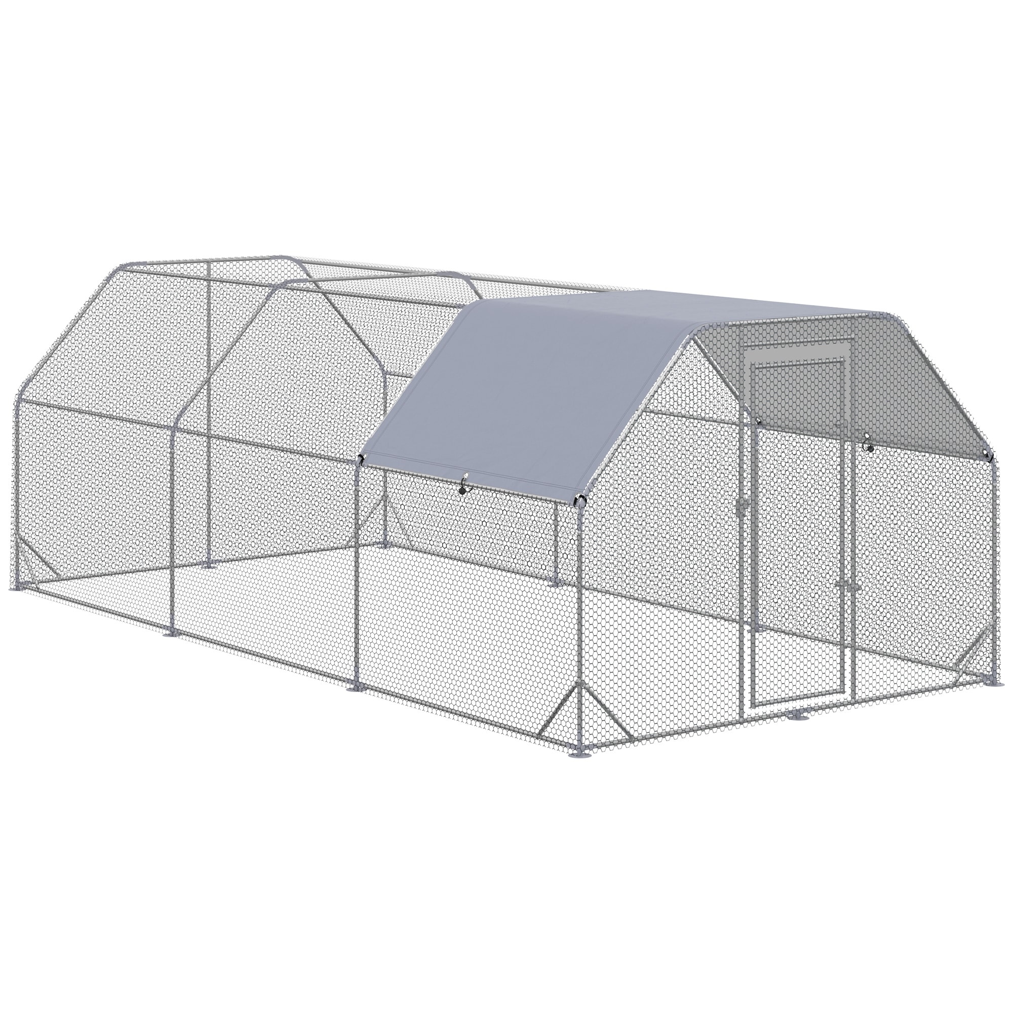 PawHut Large Chicken Coop Metal Chicken Run with Waterproof and Anti-UV Cover, Flat Shaped Walk in Fence Cage Hen House