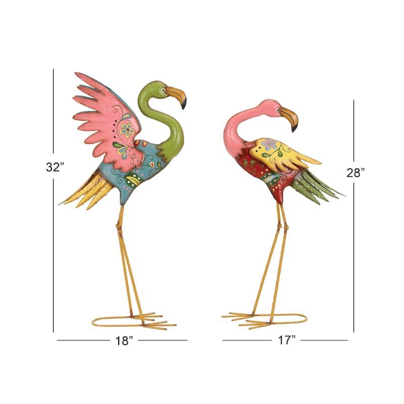 Metal Flamingo Indoor Outdoor Embossed Standing Decorative Garden Sculpture - Set of 2 Multi Colored - Roche River Decor