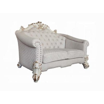 Antoine Loveseat, 4 Pillows, Ivory Fabric Antique Pearl Wood, 66 Inch