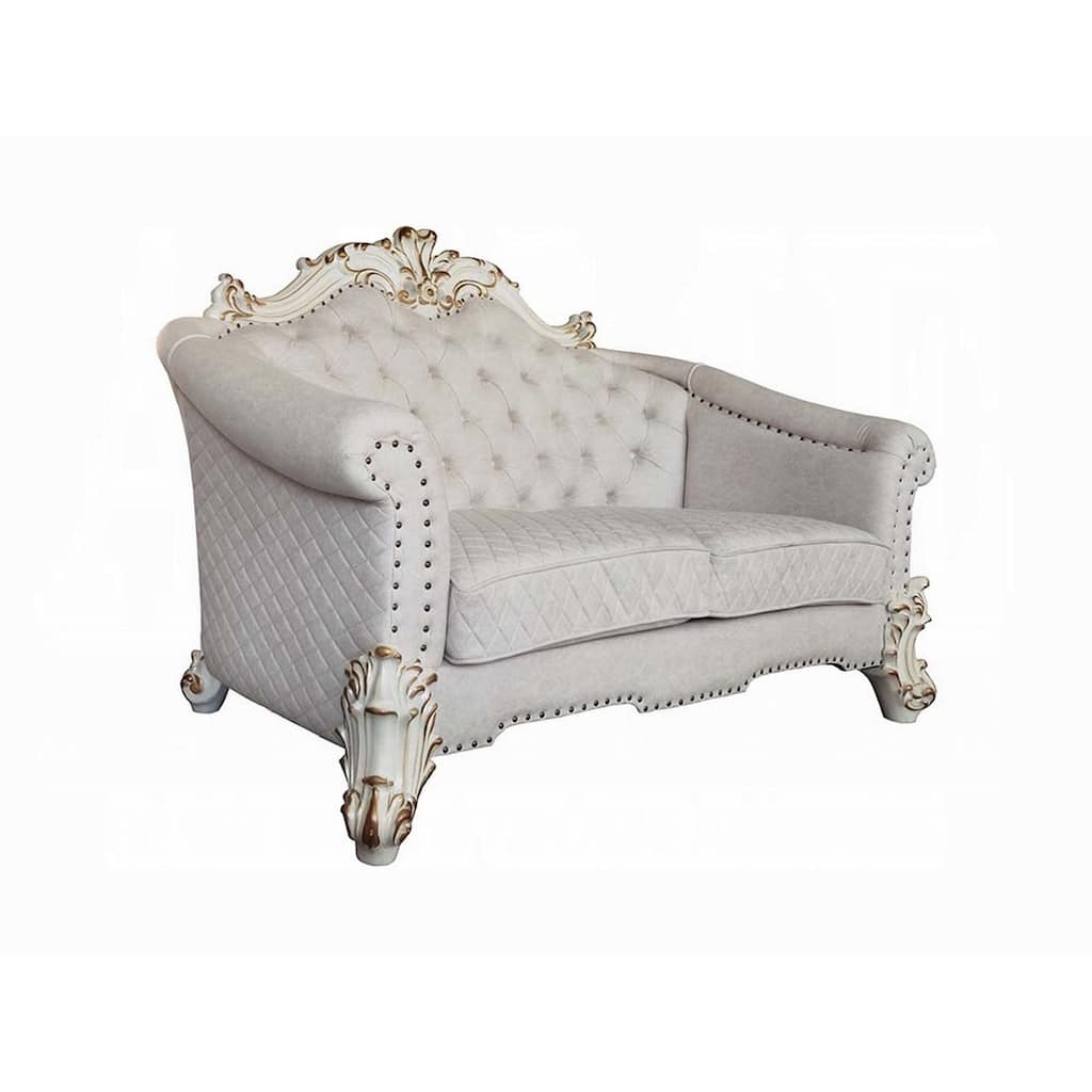 Antoine Loveseat, 4 Pillows, Ivory Fabric Antique Pearl Wood, 66 Inch