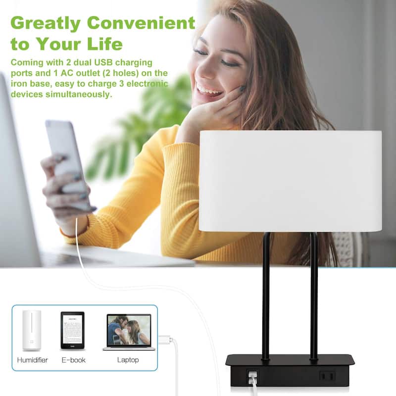 Bedside Touch Control Table Lamp with Dual USB Charging Ports 1 AC Outlet, 3 Way Dimmable Modern Nightstand Lamp