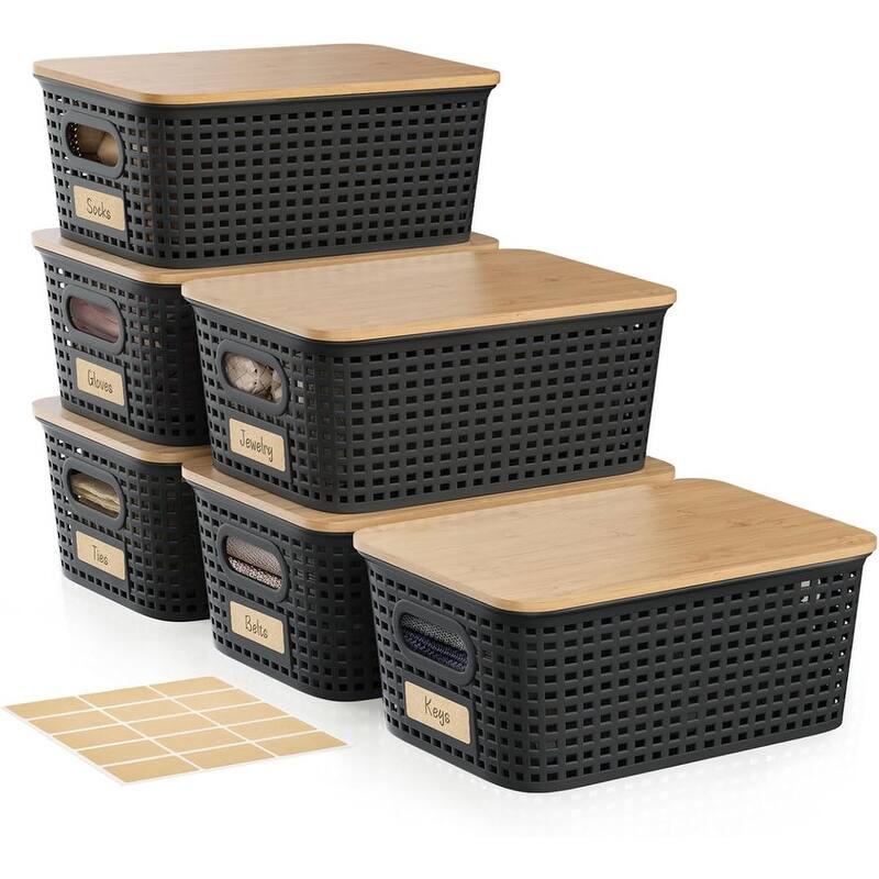 5 Part Storage Bin with Bamboo Lid - Black