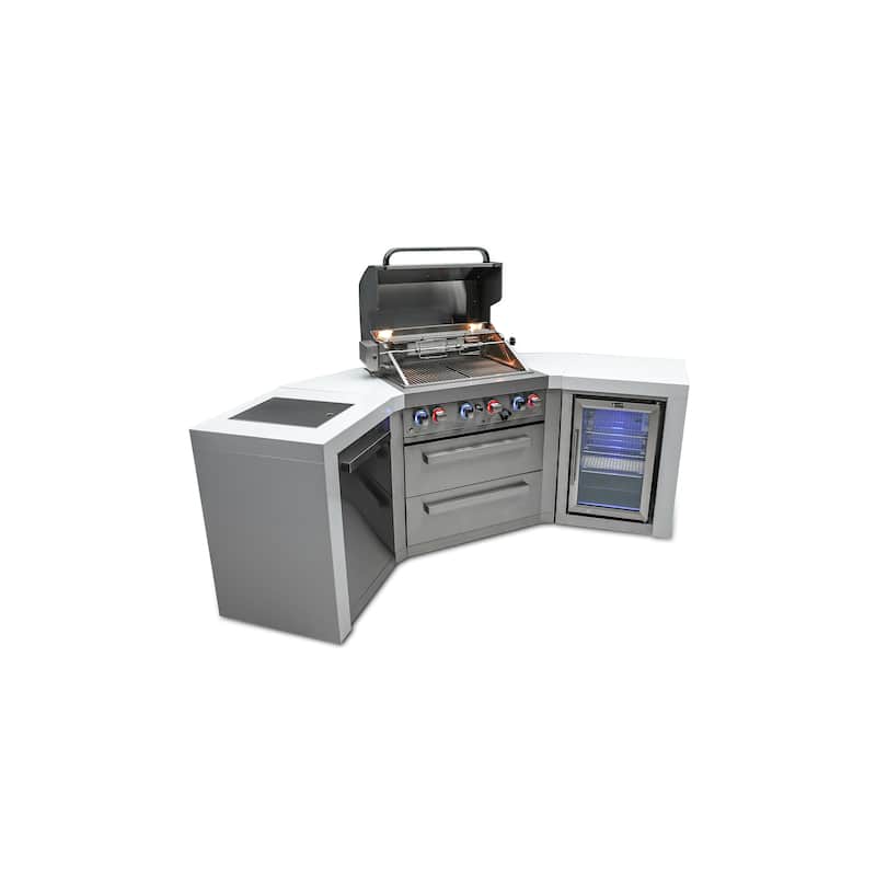 Mont Alpi MAi400-D45FC 4-Burner U-Shaped 45° Corner Deluxe Stainless Steel Outdoor Kitchen Barbecue Island Grill + Refrigerator
