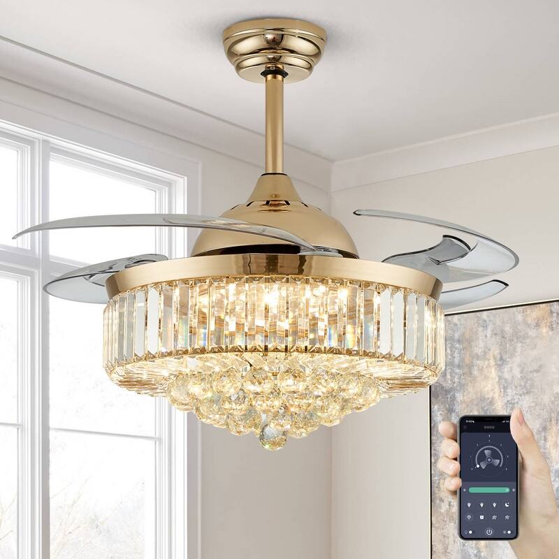 48 in. Crystal Ceiling Fan with Lights Remote Control Retractable Dimmable Fandelier Reversible LED Ceiling Fan for Bedroom