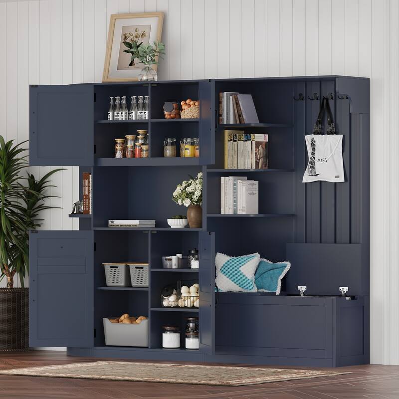 2-in-1 Hall Tree & Storage Cabinet for Living Room, Multifunctional Left-Right Combination Hall Cabinet with Bench and 4 Hooks