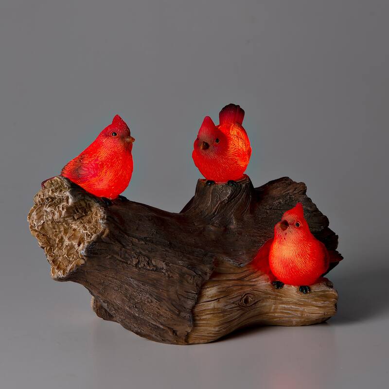 Solar Cardinal Family On Wooden Log Garden Statue