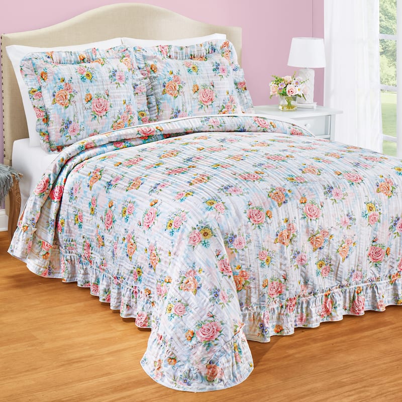 Juliana Watercolor Pastel Floral Plissé Bedspread - Queen