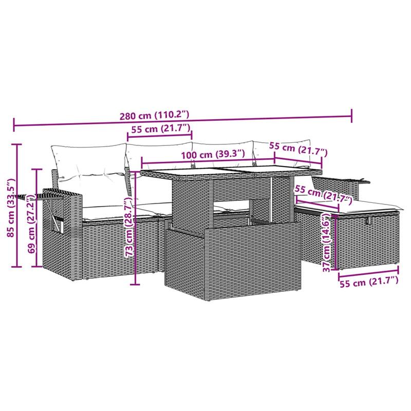 vidaXL Patio Sofa Set with Cushions Outdoor Furniture 6 Piece Poly Rattan - 21.7 x 39.4 x 28.7 in