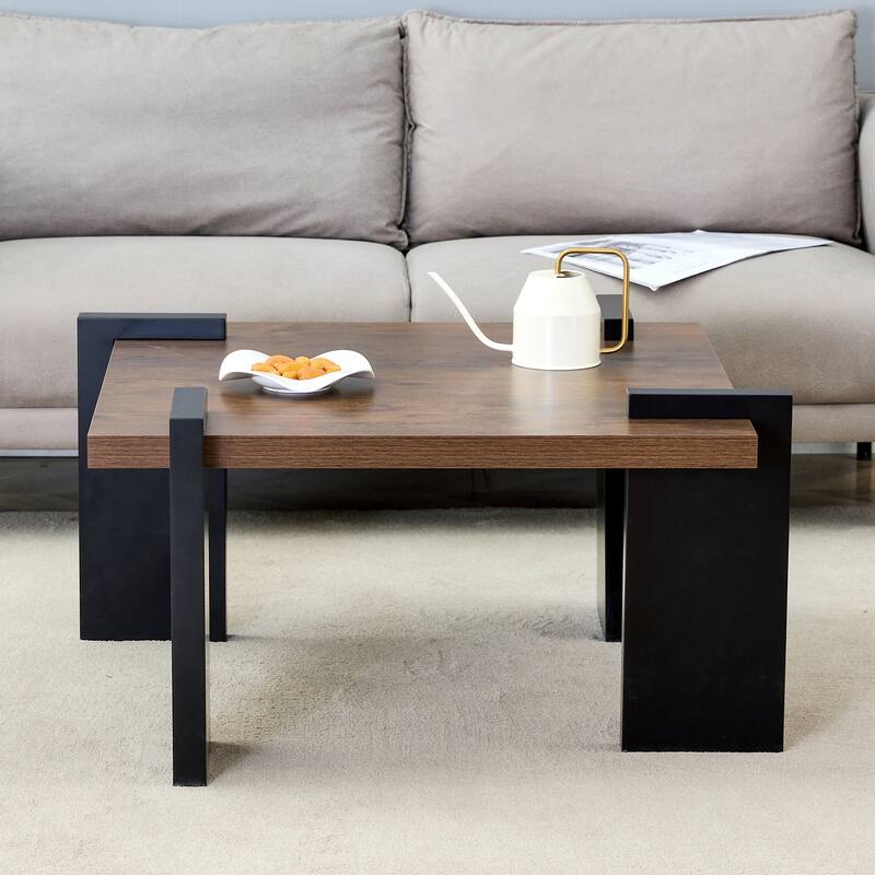 Modern Minimalist Coffee Table Square Coffee Table with Black Legs and Natural Wood Tabletop, for Living Room