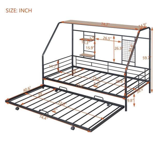 dimension image slide 1 of 4, Metal House Bed with Trundle, Twin/Full Size Daybed Playhouse Bed with Bulit-in Storage Shelves and Metal Grid for Kids Teens