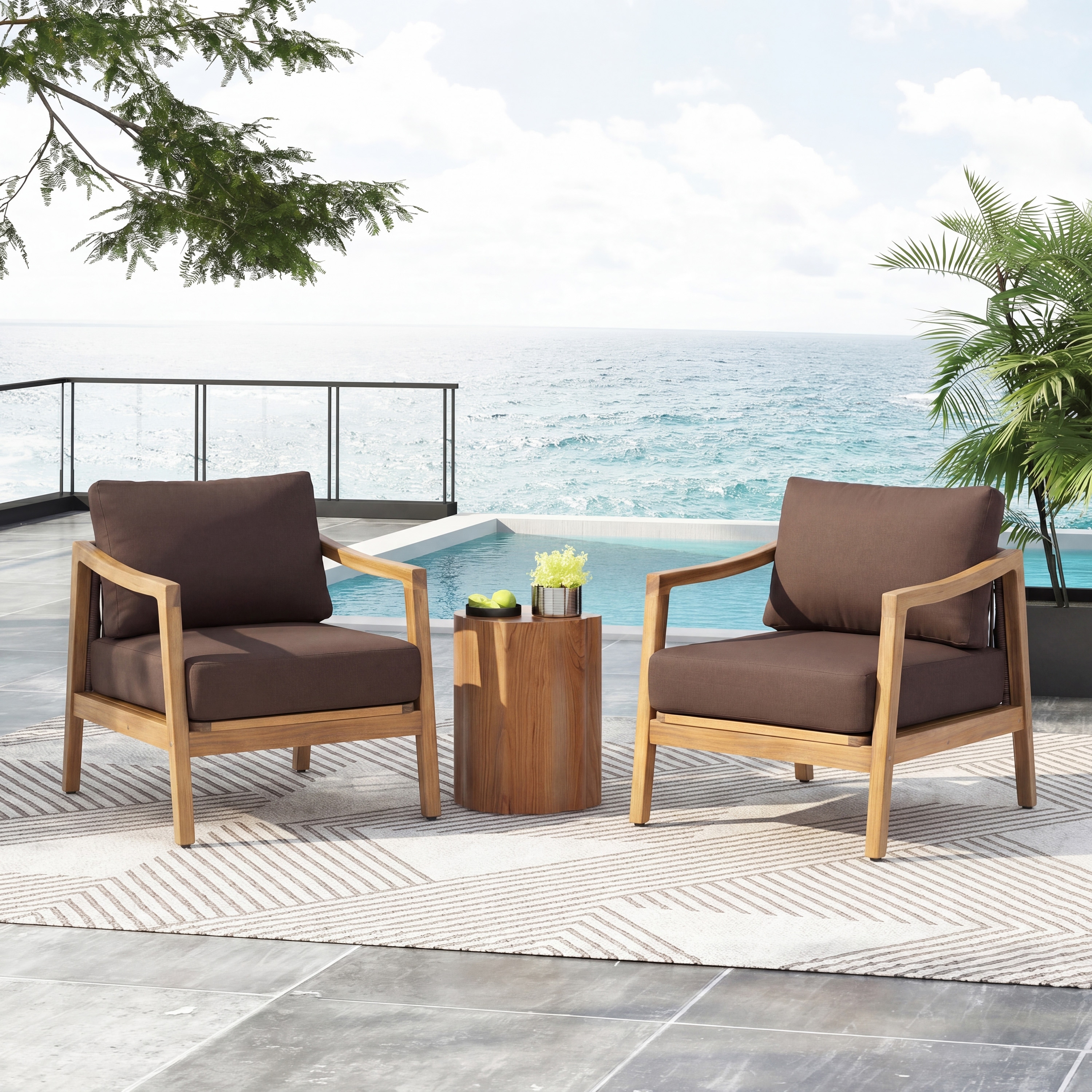 Christopher Knight Home - Outdoor Acacia Wood Club Chair with Rope Back and Water-Resistant Cushions