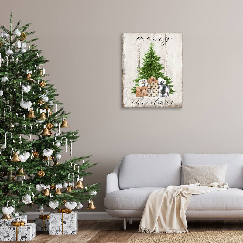 Stupell Rustic Distressed Merry Christmas Tree Illustration Canvas Wall Art