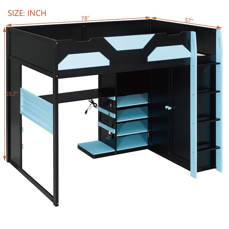 All-in-one Esports Gaming & Work Loft Bed with Adjustable Desk, LED, Charging Station, Pegboard, Storage Shelves and Wardrobe