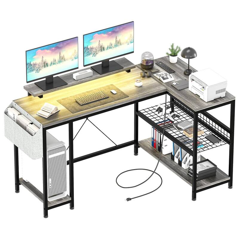 L Shaped Computer Desk with Power Outlets & LED Light, 49.6" Reversible Corner Computer Desk