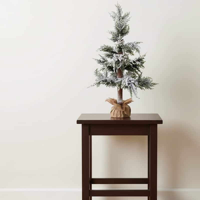 35.25" Heavily Flocked Pine Tree in Natural Jute Base Christmas Decor