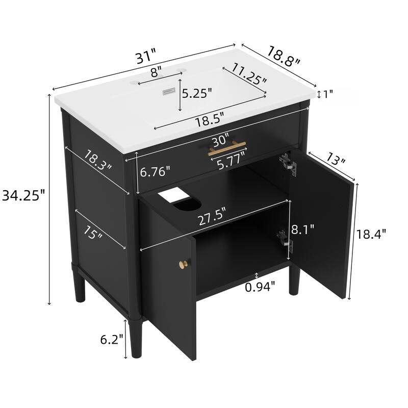 31" Bathroom Vanity With Sink, Modern Cabinet Featuring Soft-Close Doors, Adjustable Shelf, And Rubber Wood Legs‌