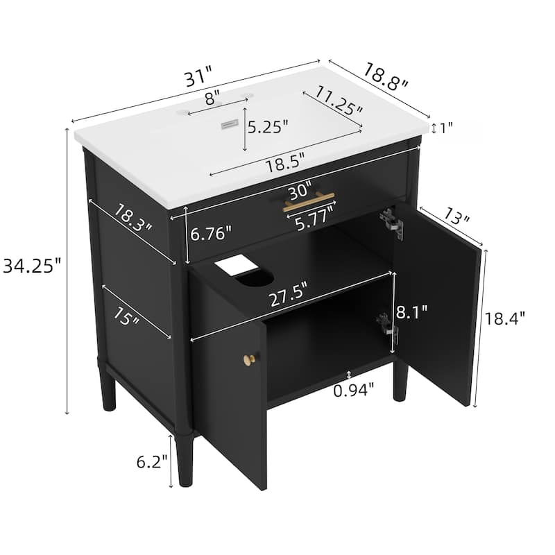 Bathroom Vanity with Sink, Bathroom Cabinet with Soft Close Doors and Adjustable Shelf - Black