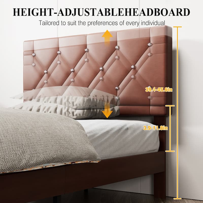 Javlergo 2-Piece Twin Bed Frame Set 39.4-45.3" Adjustable Height PU Leather Headboard with Diamond Embellishment Storage Drawer