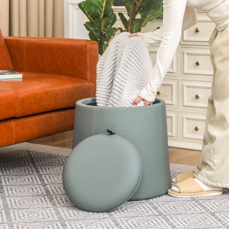 Adeco Faux Leather Pouf Storage Ottoman for Living Room Bedroom