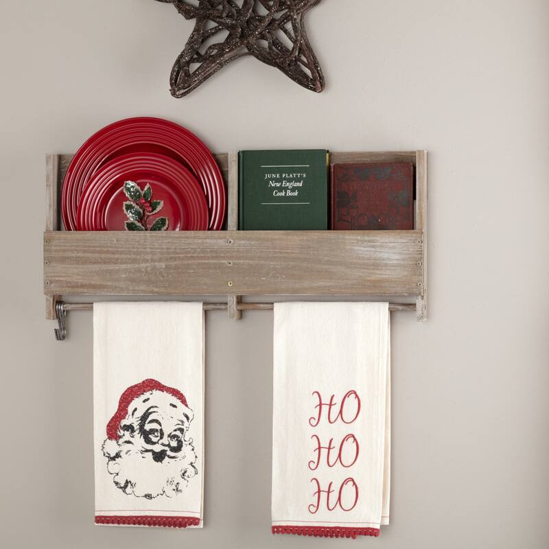 Chenille Christmas Ho Ho Ho Bleached White Muslin Tea Towel Set of 2 19x28 - Tea Towel 28x19 - Tea Towel 28x19 - Set of 2 - Soft White/Cherry Red