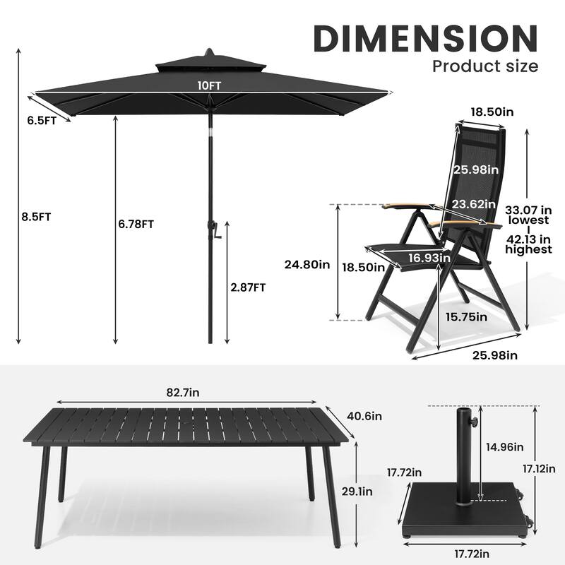 9/11-Piece Outdoor Patio Dining Set Aluminum Dining Table and Folding Chairs w/10 ft Umbrella and Base