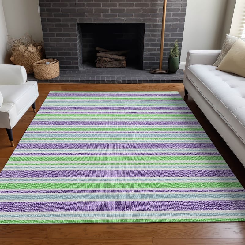 Machine Washable Indoor/ Outdoor Multi Cabana Stripe Chantille Rug