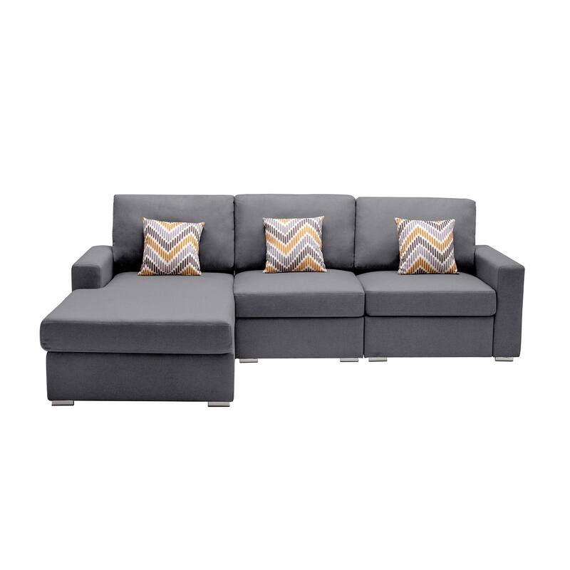 Linen Fabric 3 Piece Reversible Sectional Sofa Chaise with Pillows and Interchangeable Legs in Grey - 3 Piece - Gray
