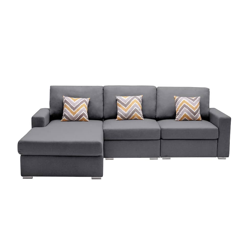 Linen Fabric 3 Piece Reversible Sectional Sofa Chaise with Pillows and Interchangeable Legs in Grey