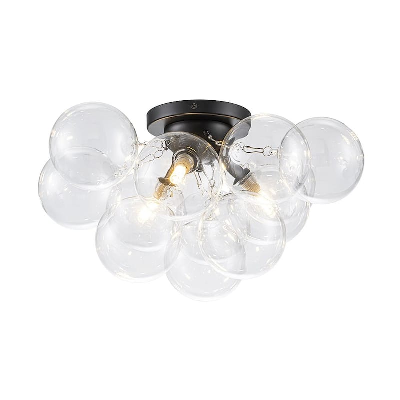 3-Light Clear Glass Globe Bubble Semi Flush Chandelier - Brass 18in