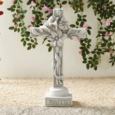 Glitzhome 21"H MGO Holy Christian Cross with Lily Garden Statue for Outdoor Indoor Christ Decor Sculpture