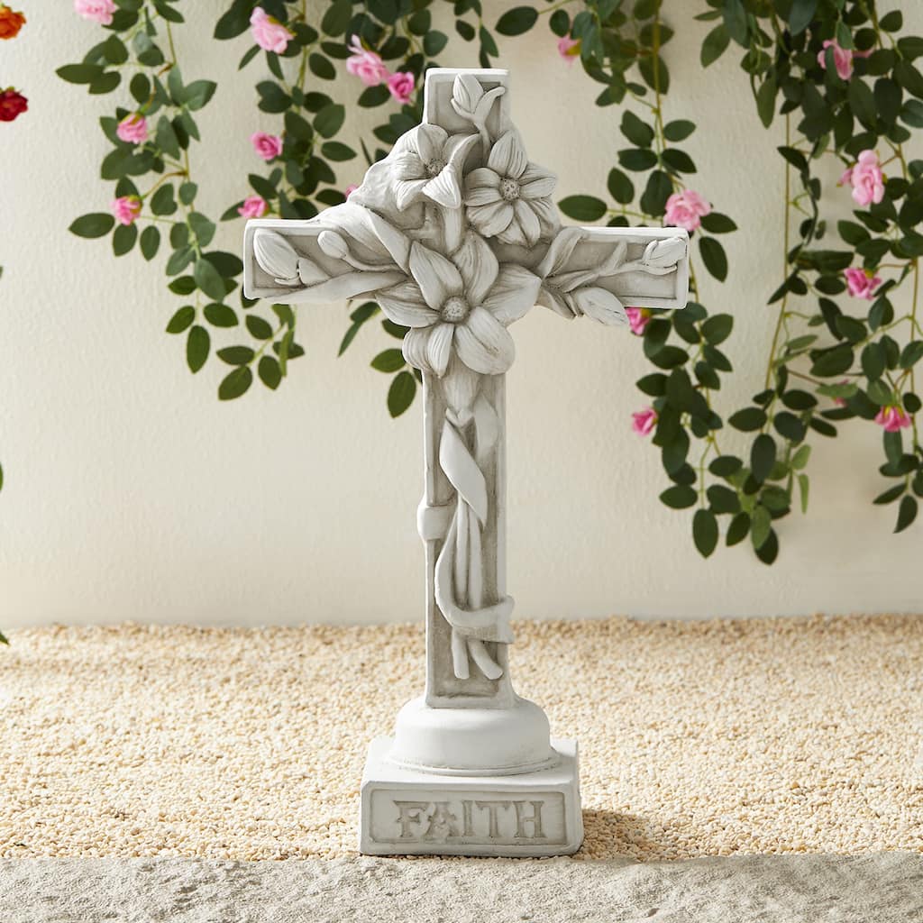 Glitzhome 21"H MGO Holy Christian Cross with Lily Garden Statue for Outdoor Indoor Christ Decor Sculpture