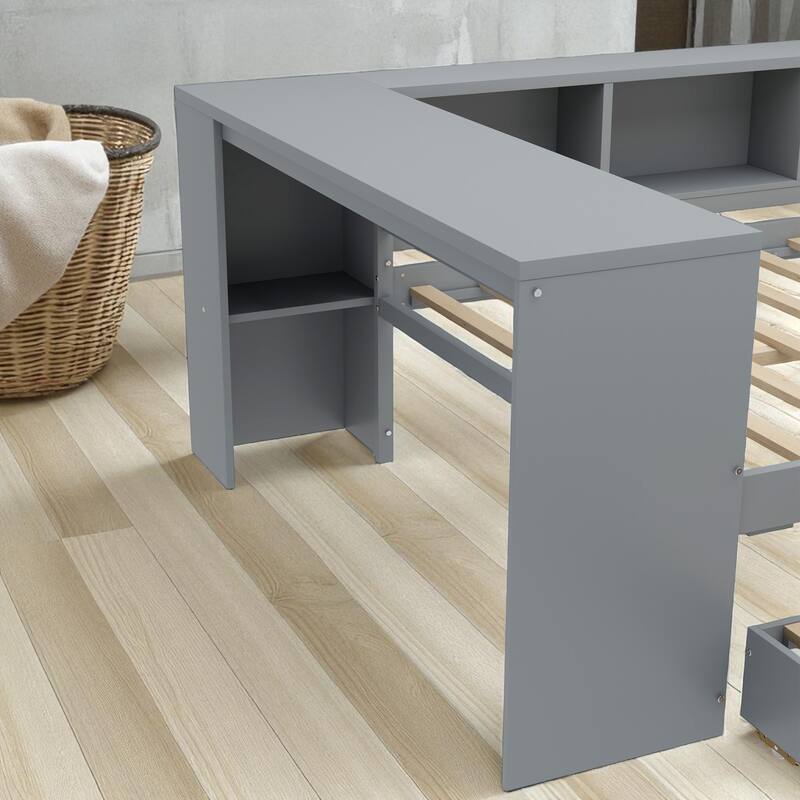 Twin/Full Size Wood Daybed with Trundle, Storage Drawers, Shelves and Built-in Desk, No Box Spring Needed