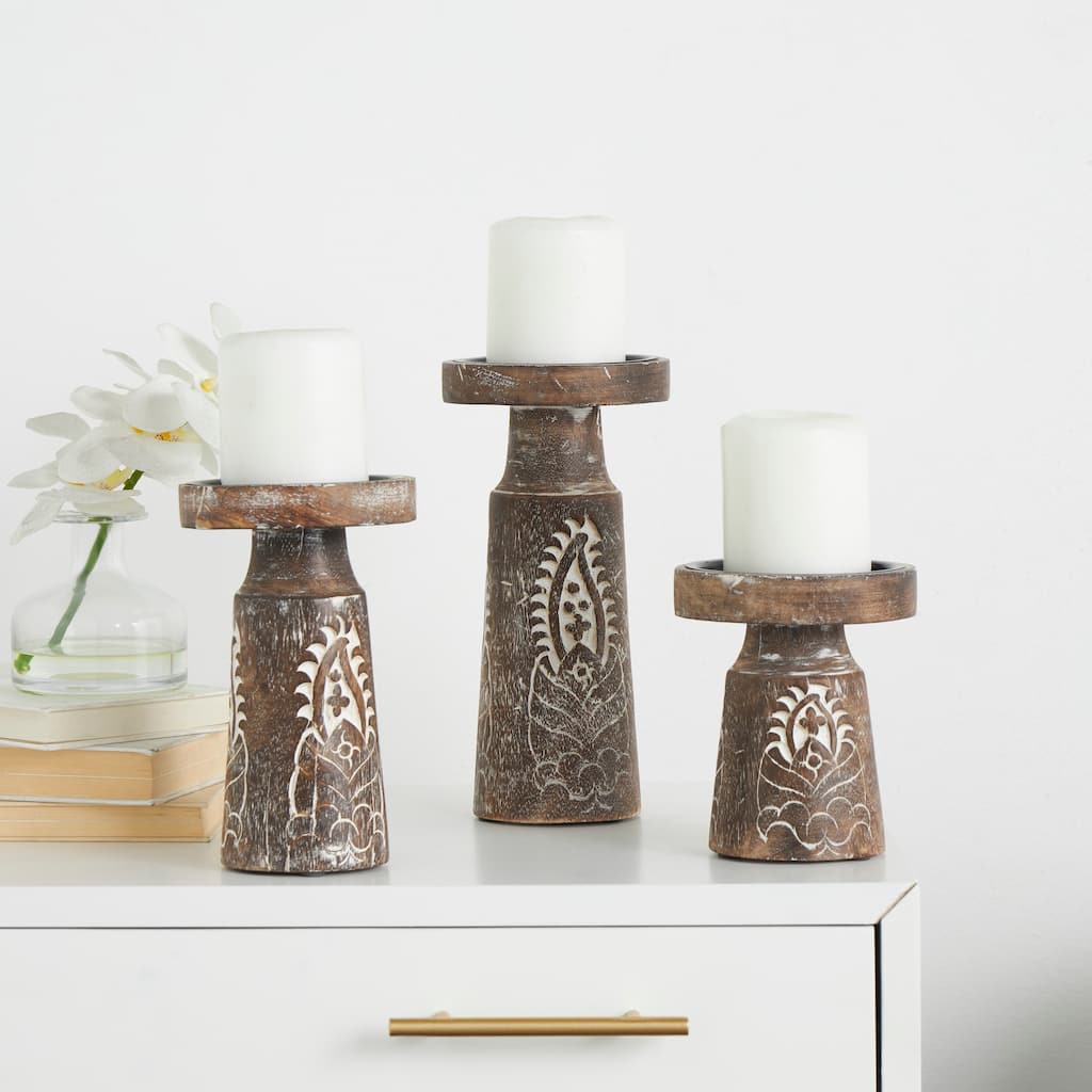 Brown or Dark Brown Mango Wood Tribal Pillar Candle Holder (Set of 3)