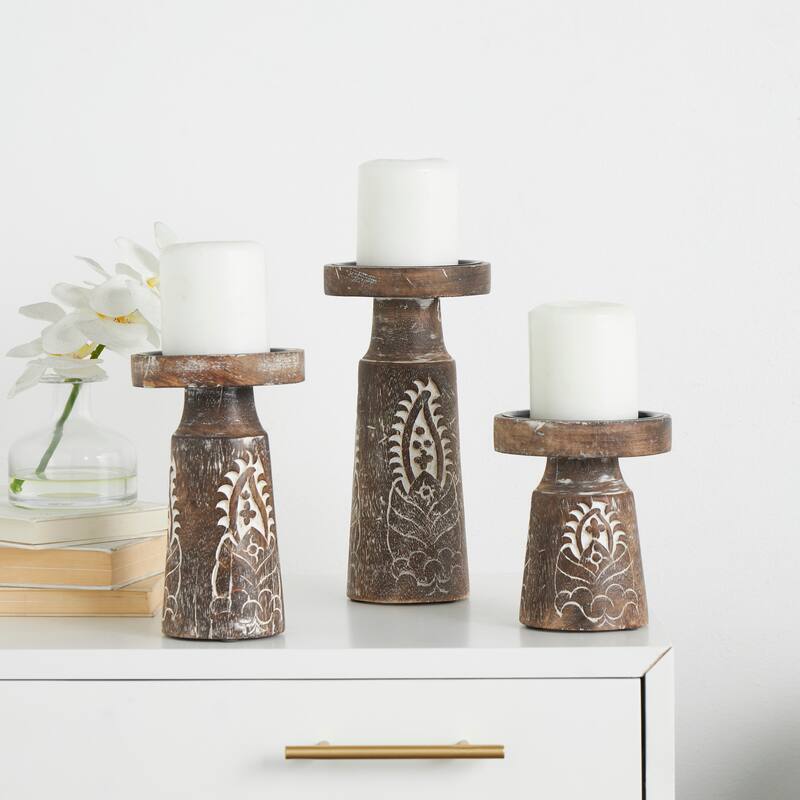 Brown or Dark Brown Mango Wood Tribal Pillar Candle Holder (Set of 3) - Dark Brown