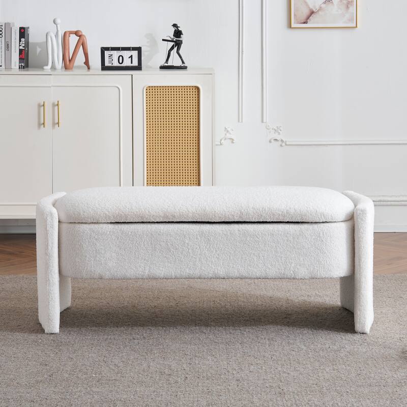 Boucle Storage Ottoman Bench, Oval Upholstered Storage Bench, Entryway Bench with Hidden Storage Space & Safety Hinge