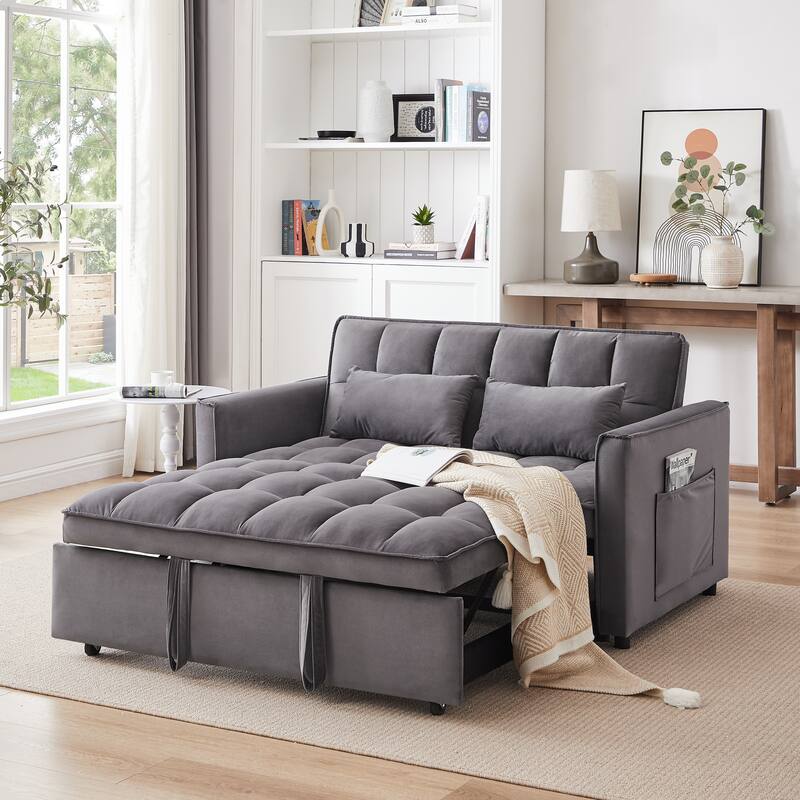 3 in 1 Convertible Sofa Bed, Pull Out Sleeper Sofa Couch with Adjustable Backrest, Storage Bag and Pillow, Velvet Futon Sofa Bed - DARK GREY