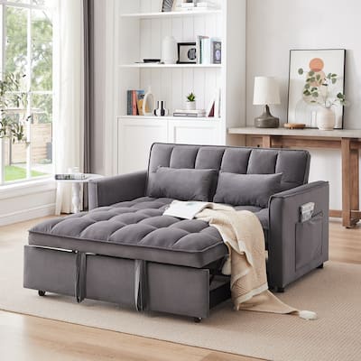 55.1-inch 3-in-1 convertible sofa bed, modern velvet double sofa Futon sofa bed with adjustable back, storage bag and pillow