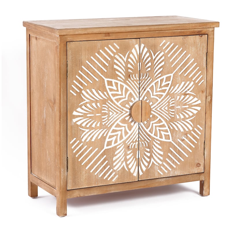 Natural Wood and White Floral 2-Door Storage Cabinet - 32.48" H x 31.5" W x 14.96" D