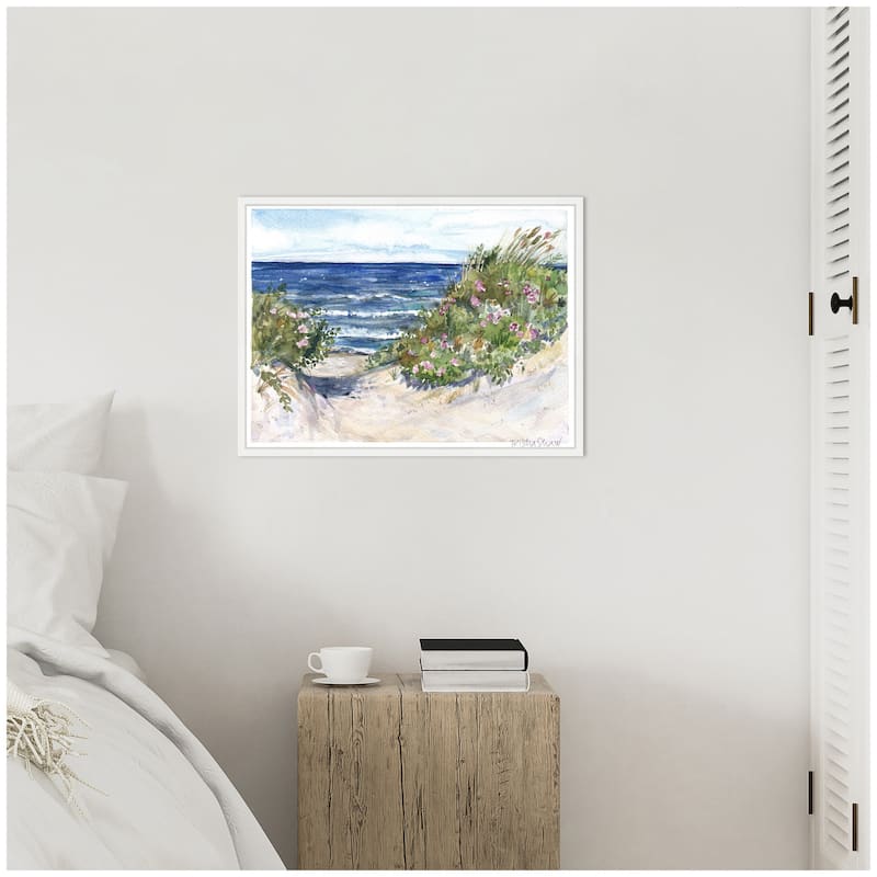 Kate and Laurel Sylvie Coast Guard Beach with Roses In The Dunes Framed Canvas by Patricia Shaw