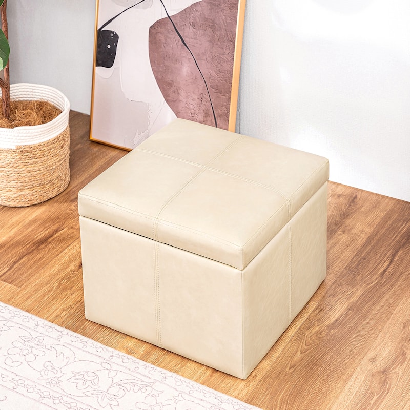 Adeco Bonded Leather Contrast Stitch Square Storage Ottoman Footstool - Beige