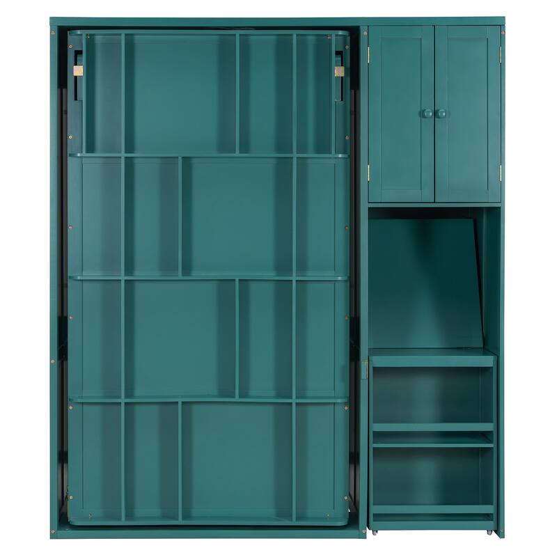 Twin Size Rotating Murphy Wall Bed with Bookshelf, Top Cabinet, Modern Foldable Cabinet Bed with Extendable Desk, Side Storage