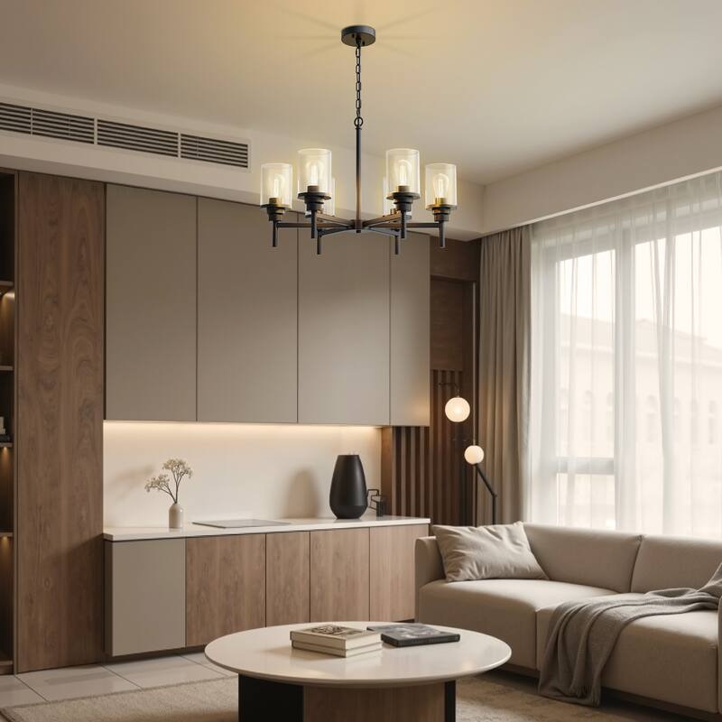 6-Light Matte Black Branch Chandelier, E26 Base, Clear Glass, No Bulbs