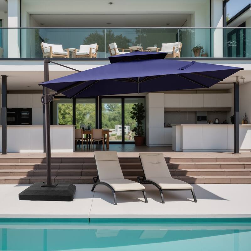11 x 11 ft Patio Cantilever Offset Umbrella 360 Degree Rotation with Base - Navy Blue