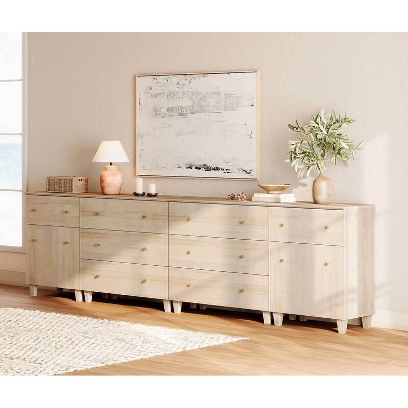 Wood Dresser with 8 Drawers and 2 Cabinets for Bedroom, 118" Wide - Light Oak