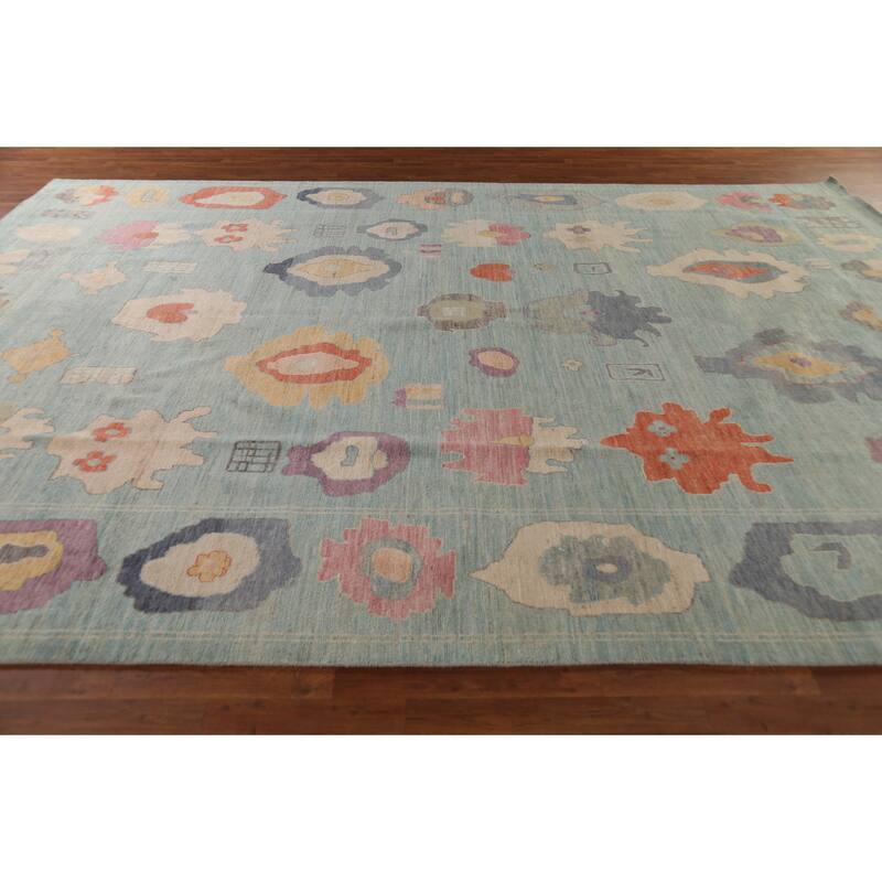 Light Blue Oushak Turkish Large Rug Handmade Vegetable Dye Wool Carpet - 10'3"x 14'0"