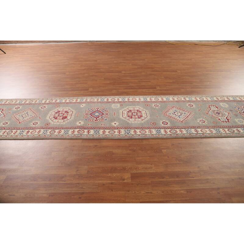 Geometric Grey Kazak Runner Rug Handmade Wool Carpet - 2'10" x 19'7"