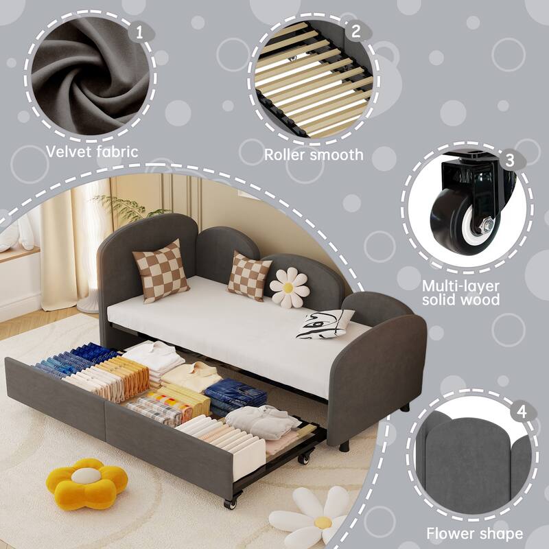 Twin Size Velvet Upholstered Daybed, Platform Bed Frame with Flower Design, Trundle Ideal for Bedroom and Guest Room