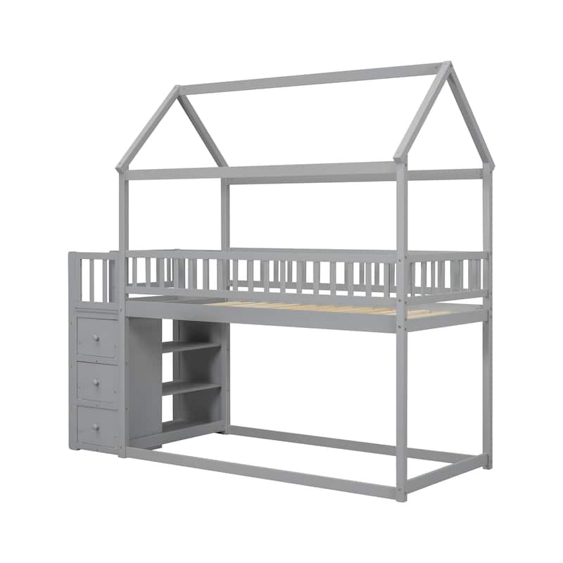 House-shaped Storage Loft Bed Twin Over Twin Size Bunk Bed with Built-in Shelves, 3 Drawers and Guardrail, No Slats Floor Bed
