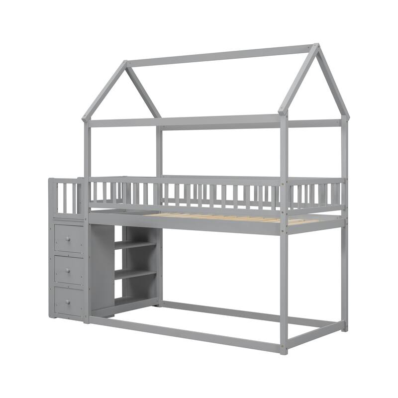 Twin House Bunk Bed with Roof, Storage Shelves, and Drawers for Kids.